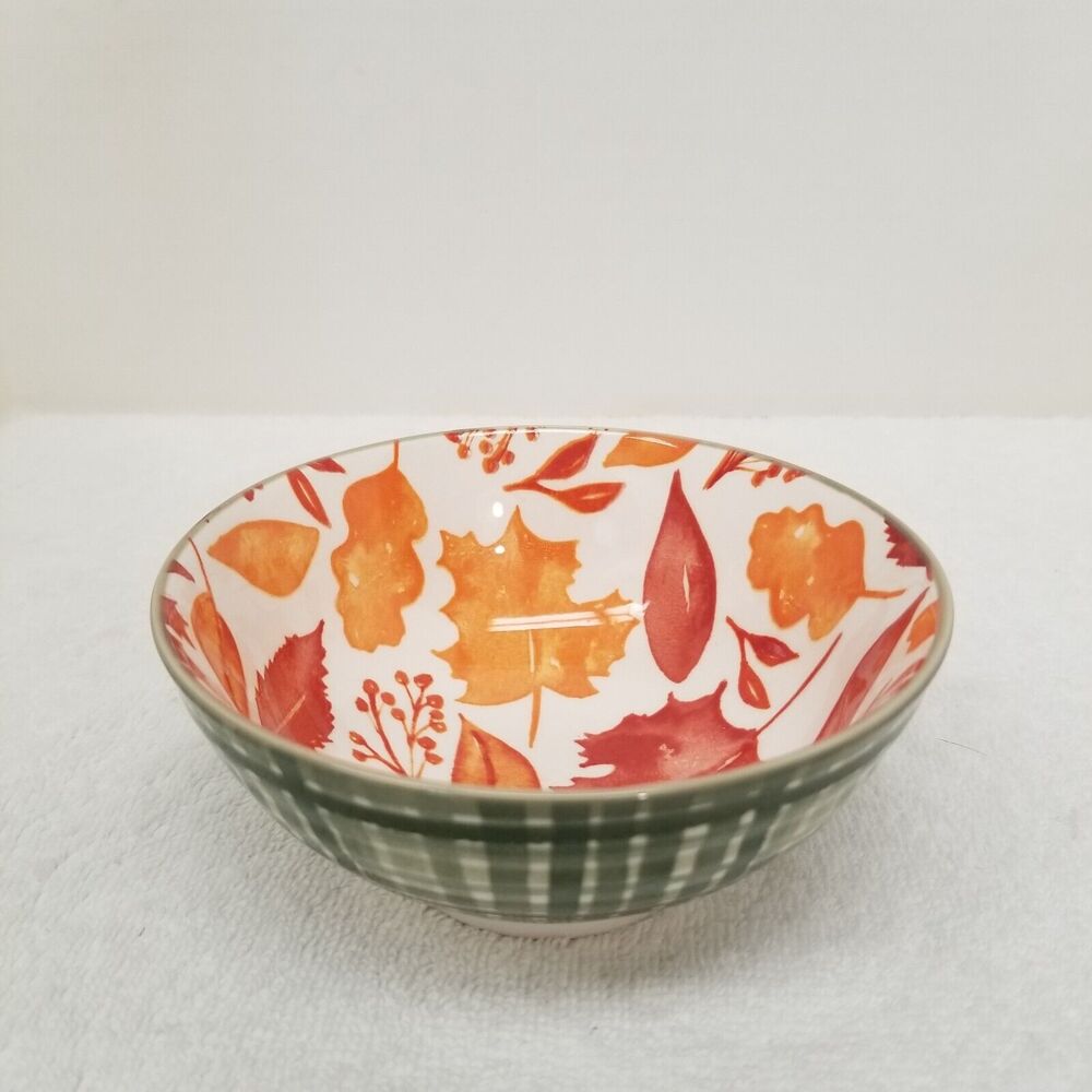 Prima Design bowl green plaid outside fall leaves inside about 5" wide